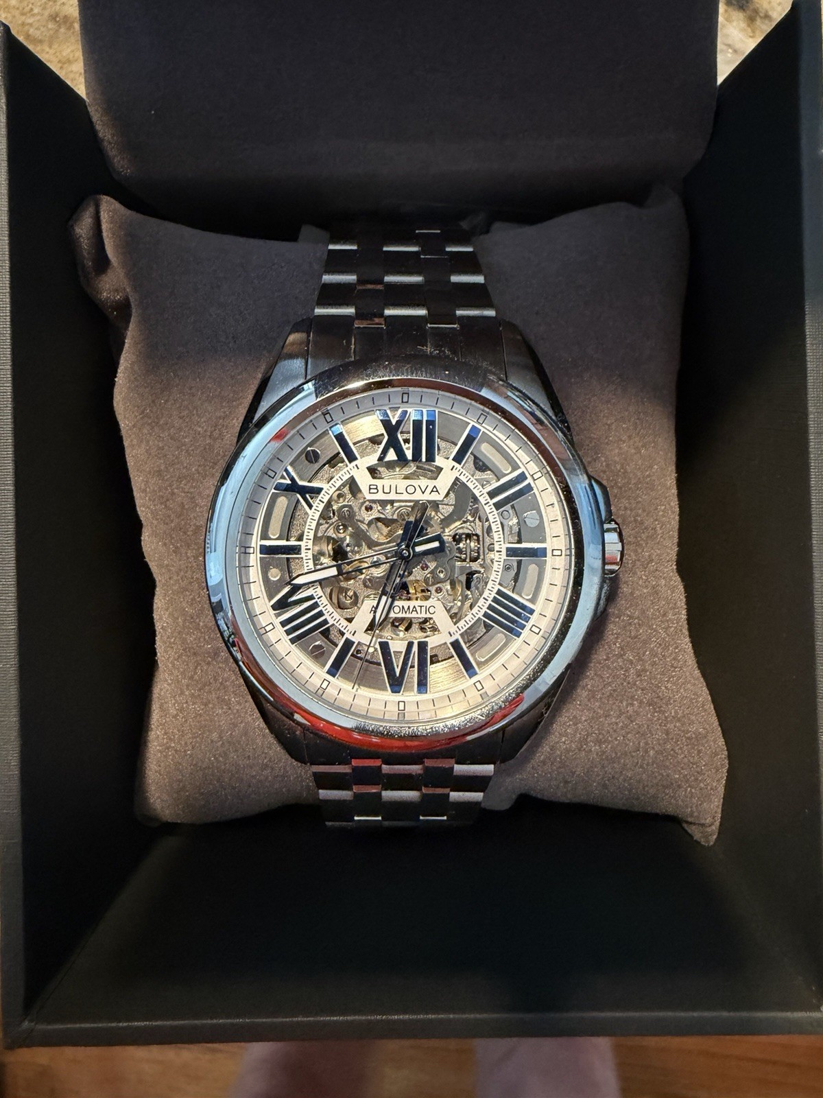 Bulova Men’s Skeleton Automatic Watch Silver Dial, Stainless Steel, 96A187