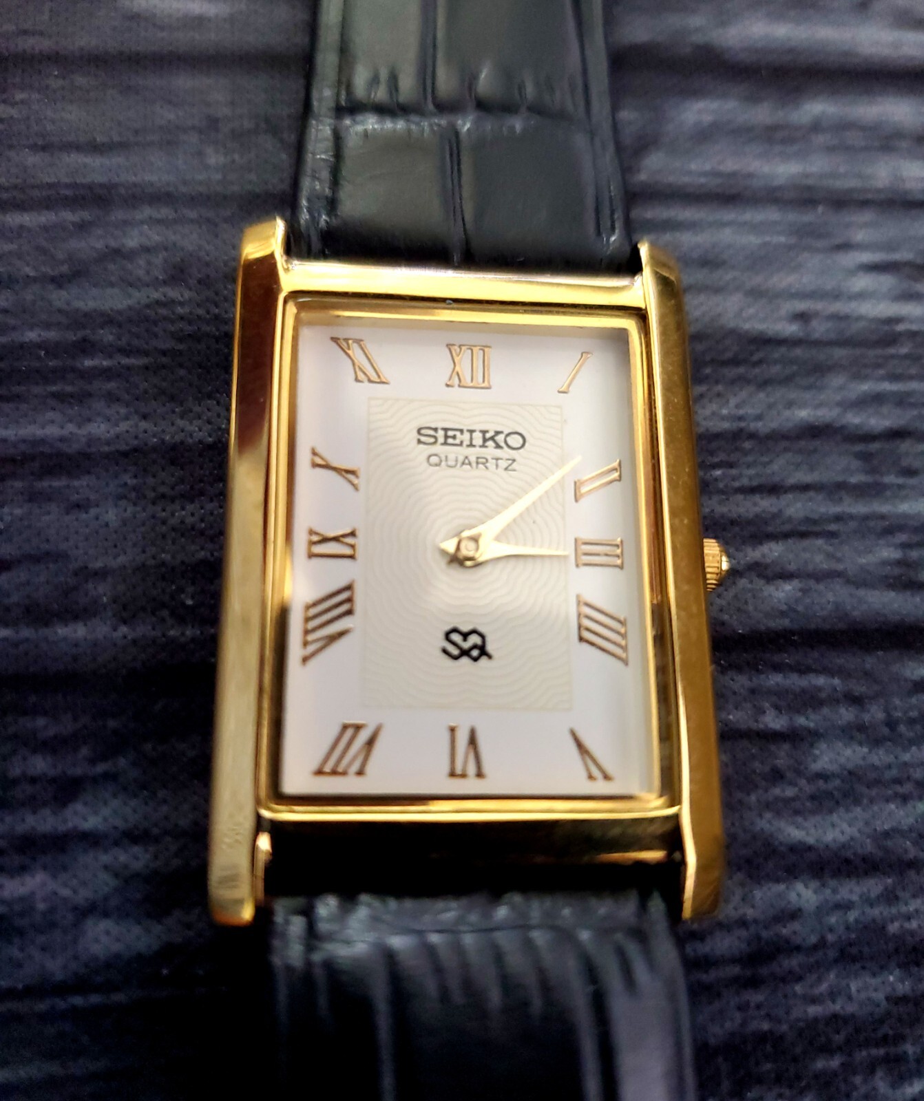 SQ Slim Dial New Batt & Movt Men’s Gold White Black Tank Dress Watch USA Seller