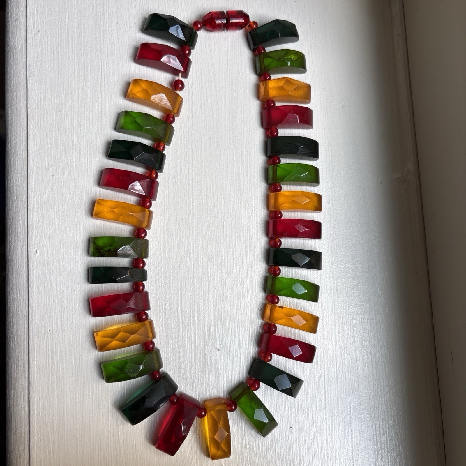 Vintage Tested Bakelite Faceted Geometric Necklace Red Green Amber 16” Lucite Sp