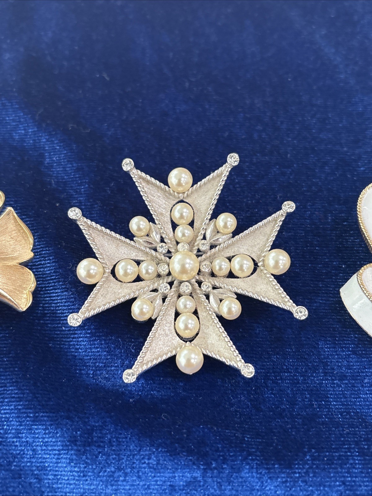 Vintage Crown Trifari Brooch Lot Of 3. All Signed. All Plated. 1 Maltese Cross