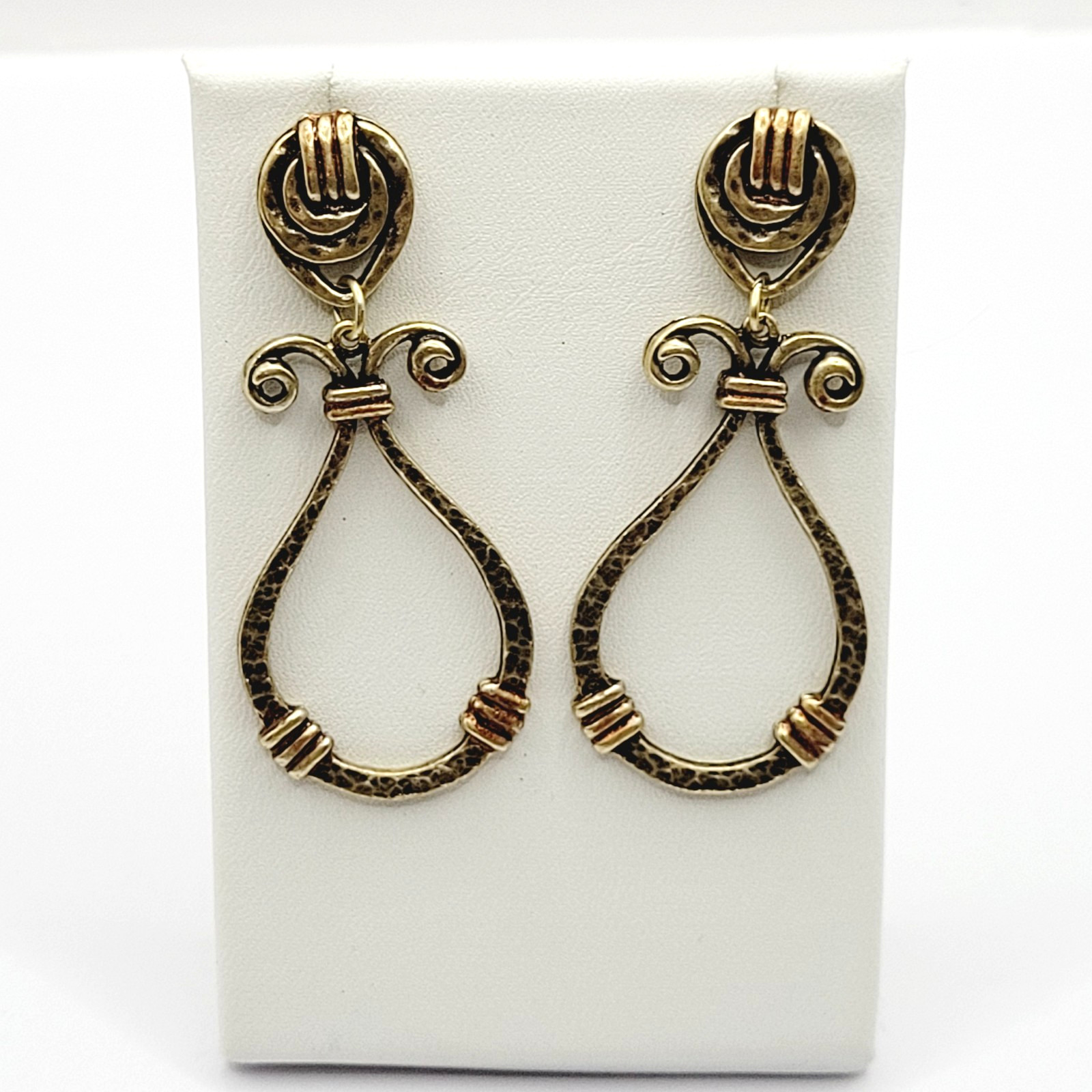 Modern Geometric Loop Hammered Look Ornate Stud Mix Metal Tone Pierced Earrings