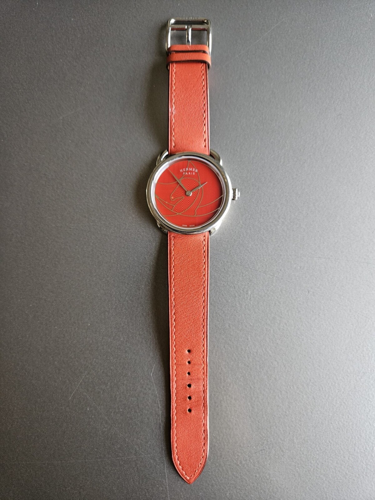 Hermes Arceau Red Horse Knight Outline “Casaque” Quartz Timepiece; Rare+Cool