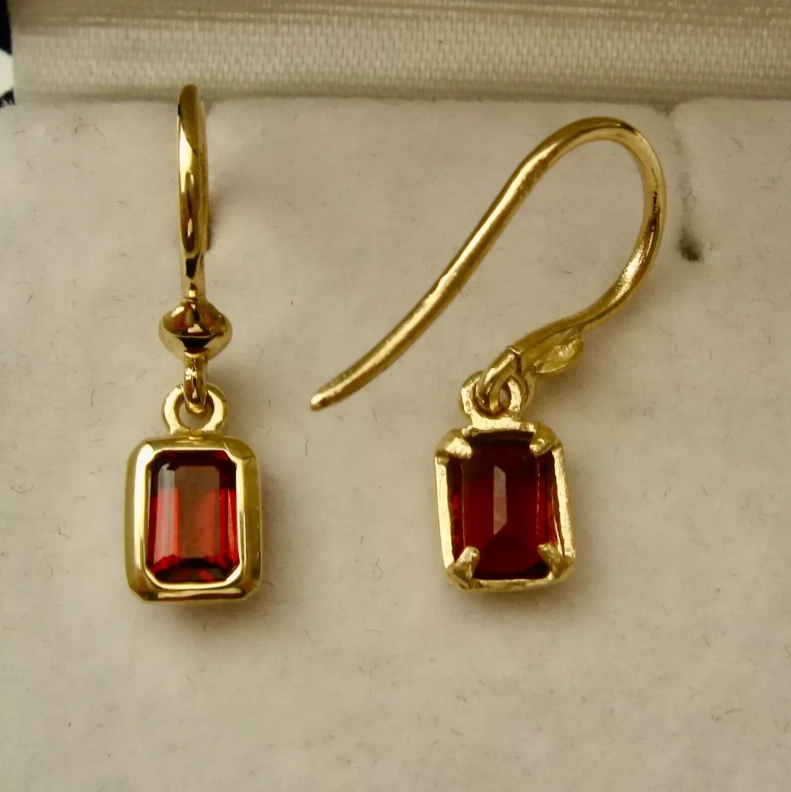 14K Yellow Gold Plated Drop-Dangle Earring 2Ct Emerald Cut Simulated Red Garnet