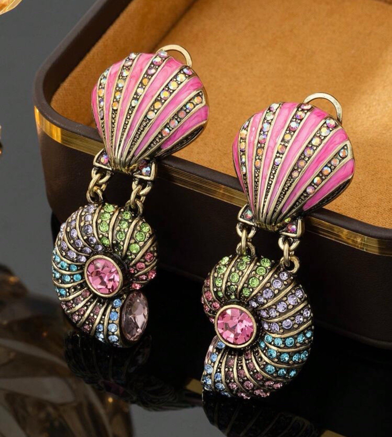 Pink Gold Rhinestone Conch Shell Earrings Mermaid Ocean Beach Gift Jewelry NEW