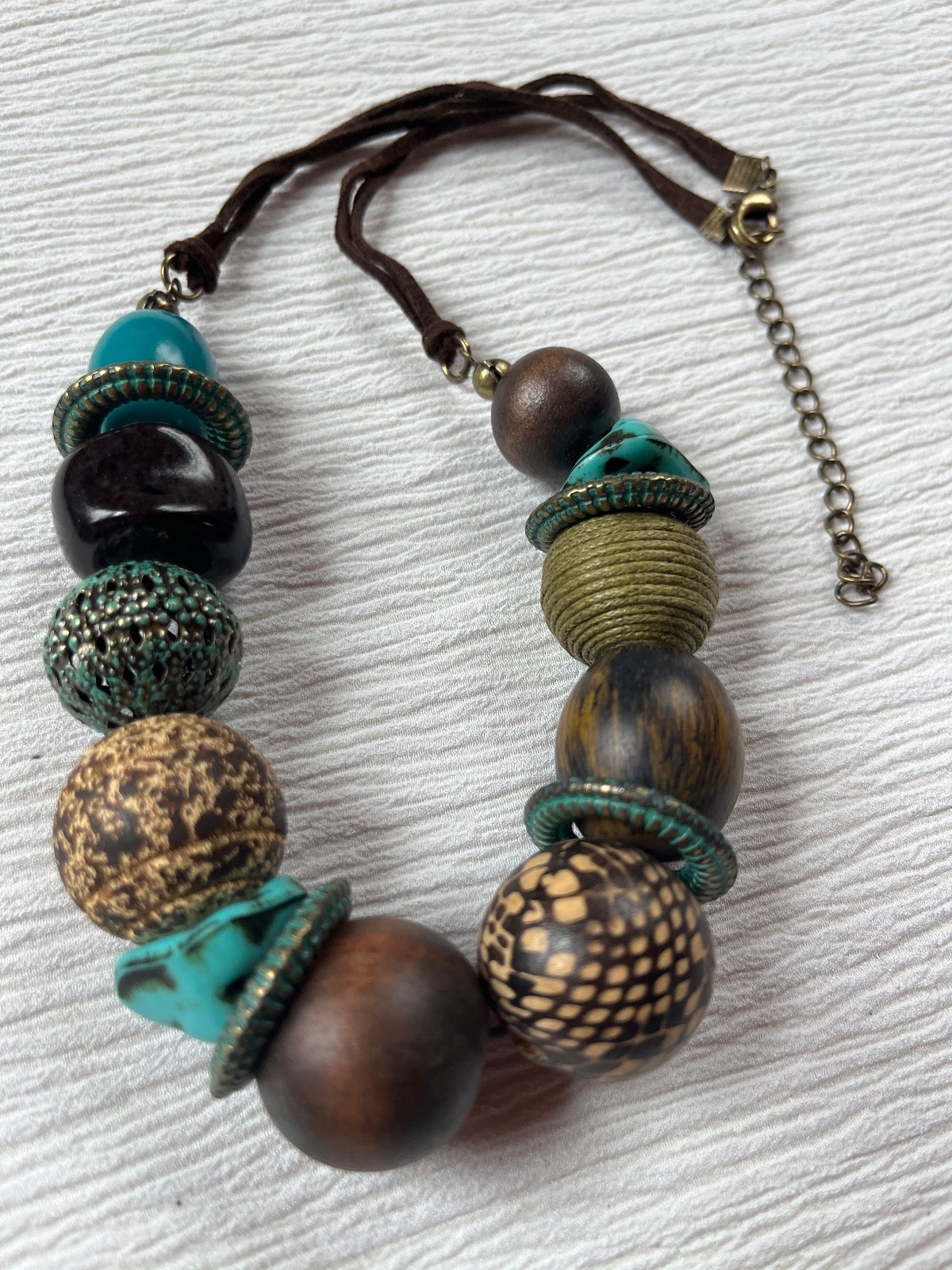 Dark Brown Double Suede Cord w Chunky Turquoise Brown Metal Wood Plastic Bead
