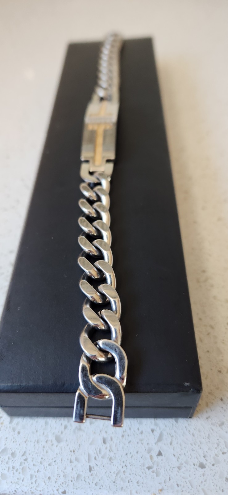 Macy’s Mens Stainless Steel And Gold Bracket With Melee Diamonds