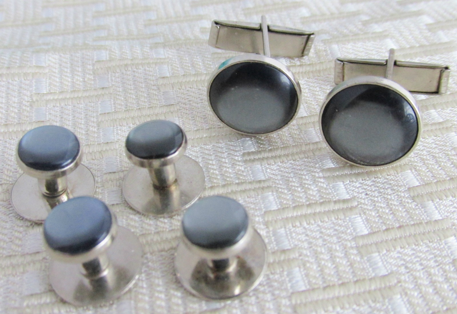 Vintage Luminous Grey Silver Plate Cufflinks Studs Set Special Occasion Wed Prom