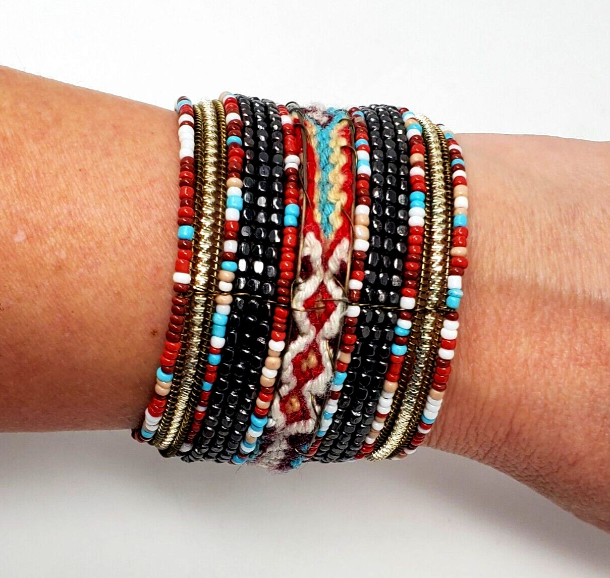 Wide Beaded Braided Jane Cuff Bracelet Multicolor Seed Bead Boho Bangle