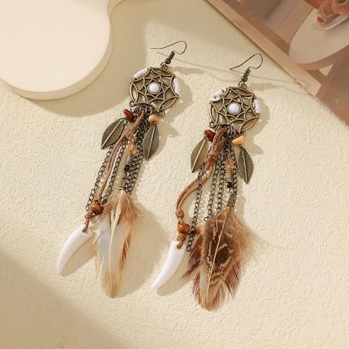 Brown Dream Catcher Feather Earrings Vintage Bohemian Ethnic Dangle Earrings for