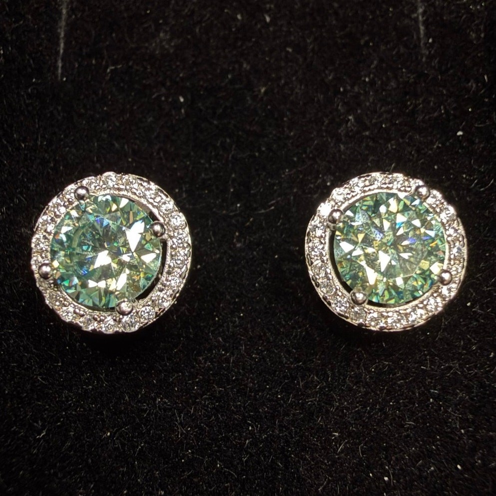 Solid 925 Sterling Silver Green Moissanite Halo Pushback Earrings 9.7mm