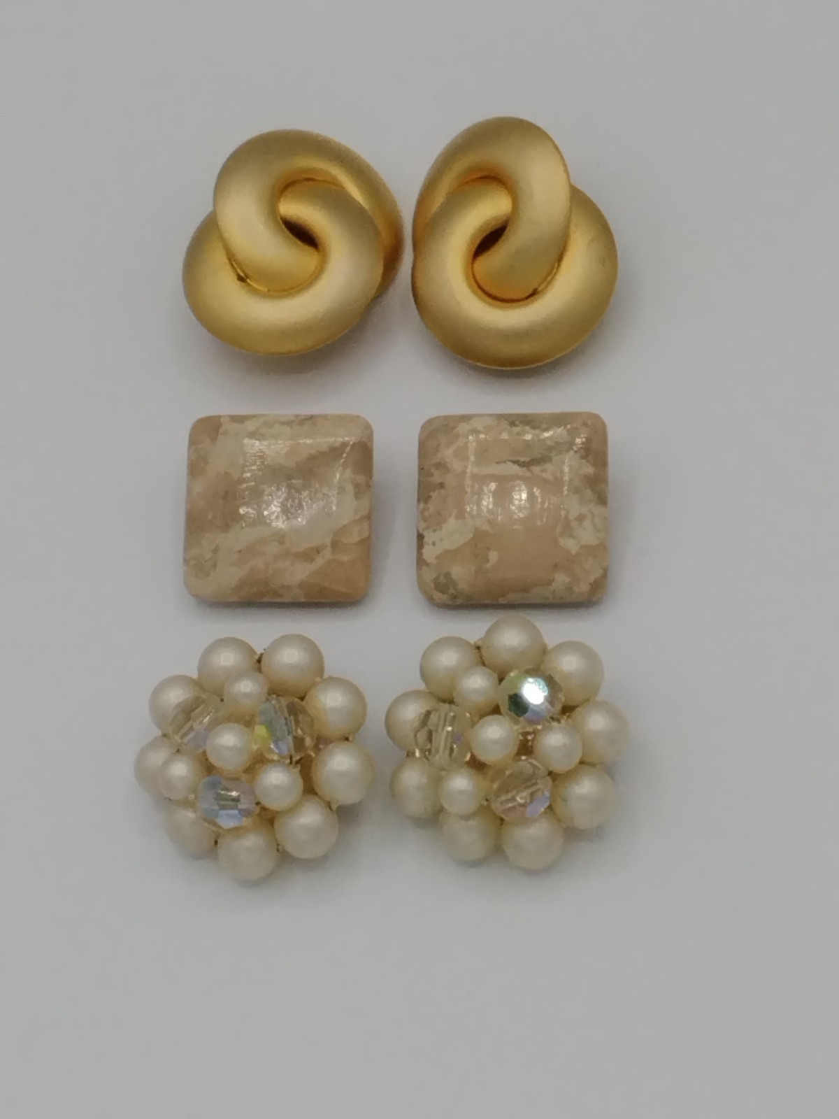 Vintage 1980s Clip On Earrings Lot 3 Pairs Faux Pearl Aurora Borealis Matte Gold