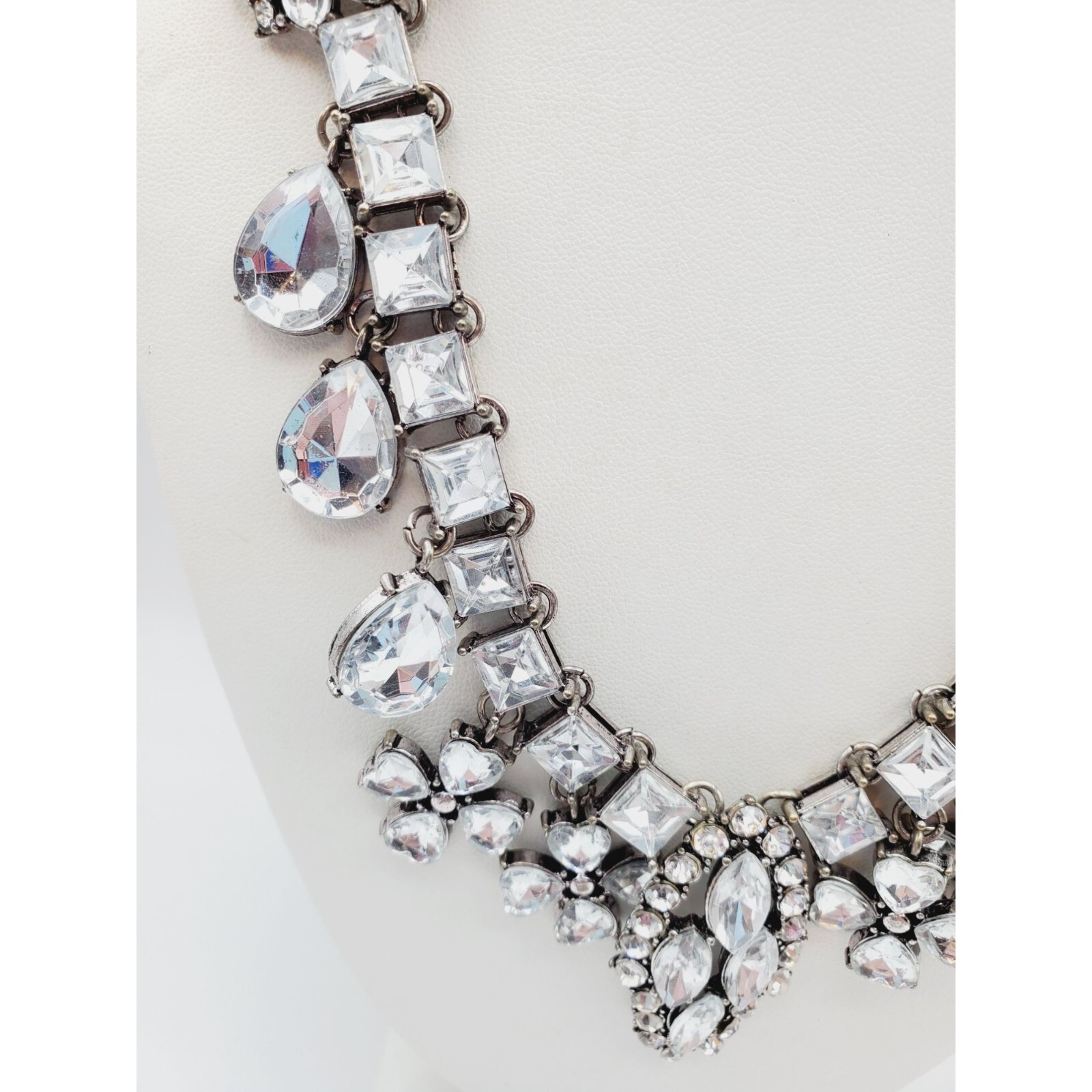 Statement silver tone Rhinestone flower square tear drop pear Necklace 18″