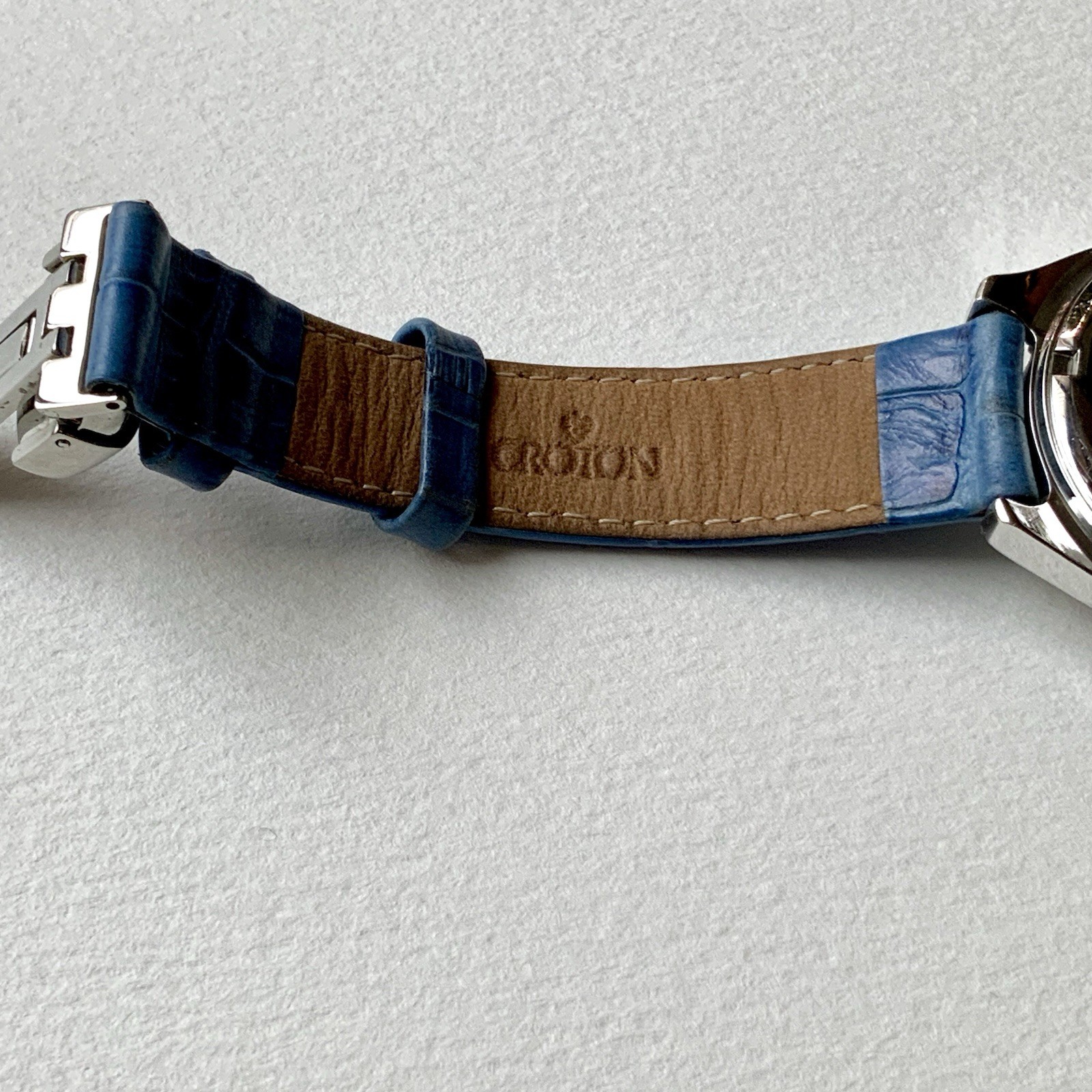 Croton Oval Watch Pavé Crystal CZ Case & Dial Blue Leather Strap Swiss Quartz