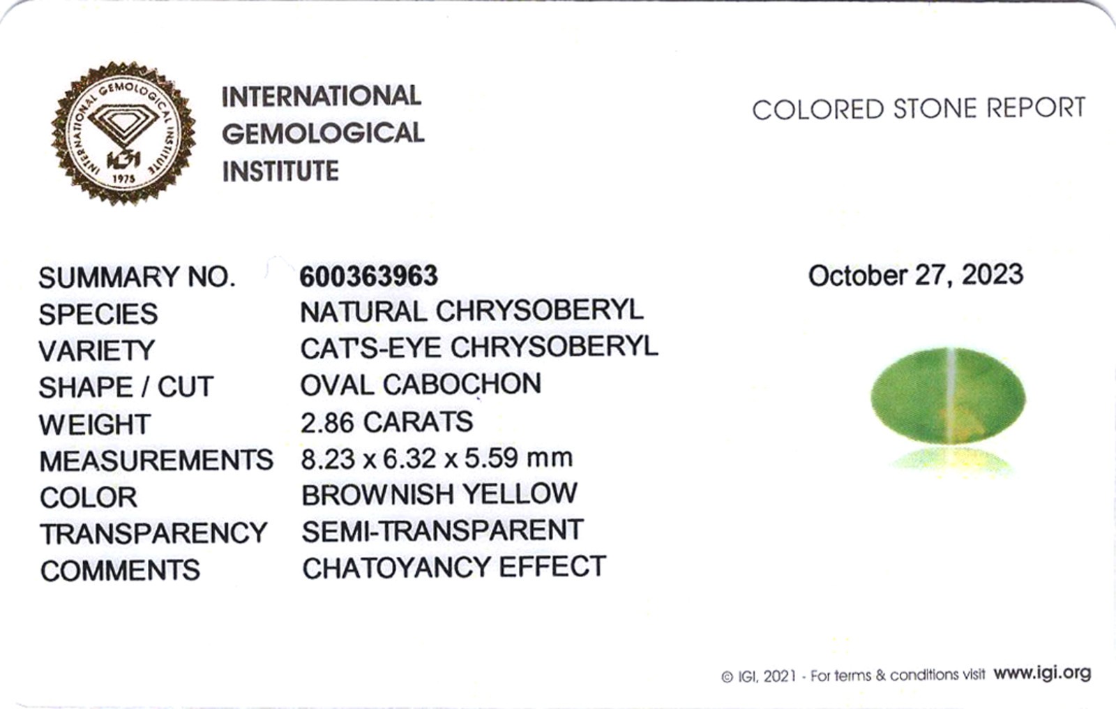 IGI Certified CEYLONESE Chrysoberyl Cat’s Eye 2.86 Ct. Natural Untreated OVAL
