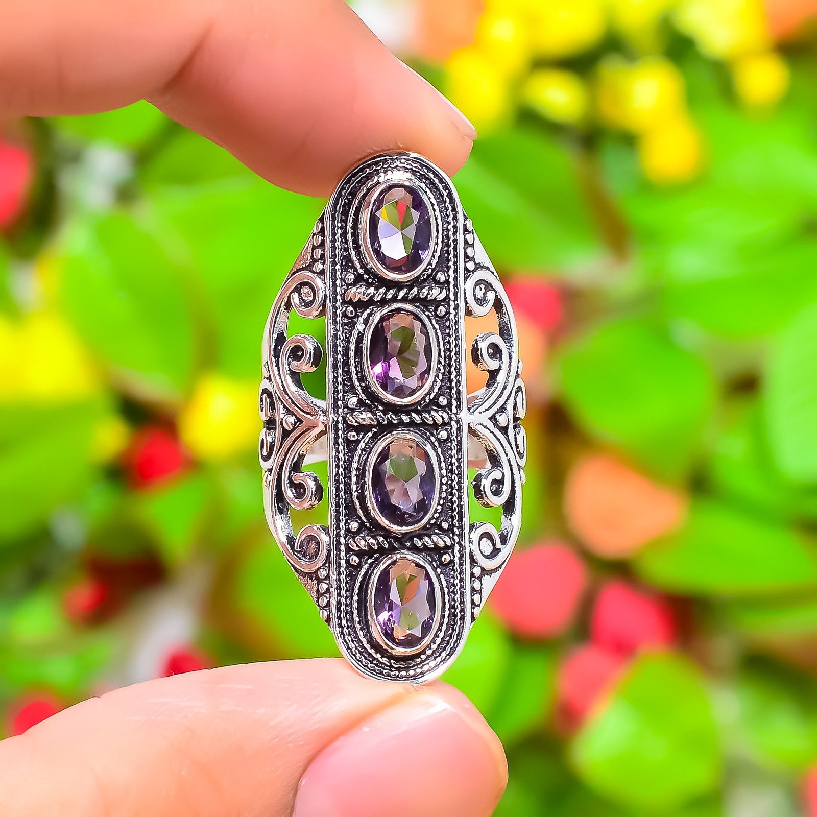 Amethyst Gemstone Handmade 925 Sterling Silver Jewelry Ring Size 10 D866
