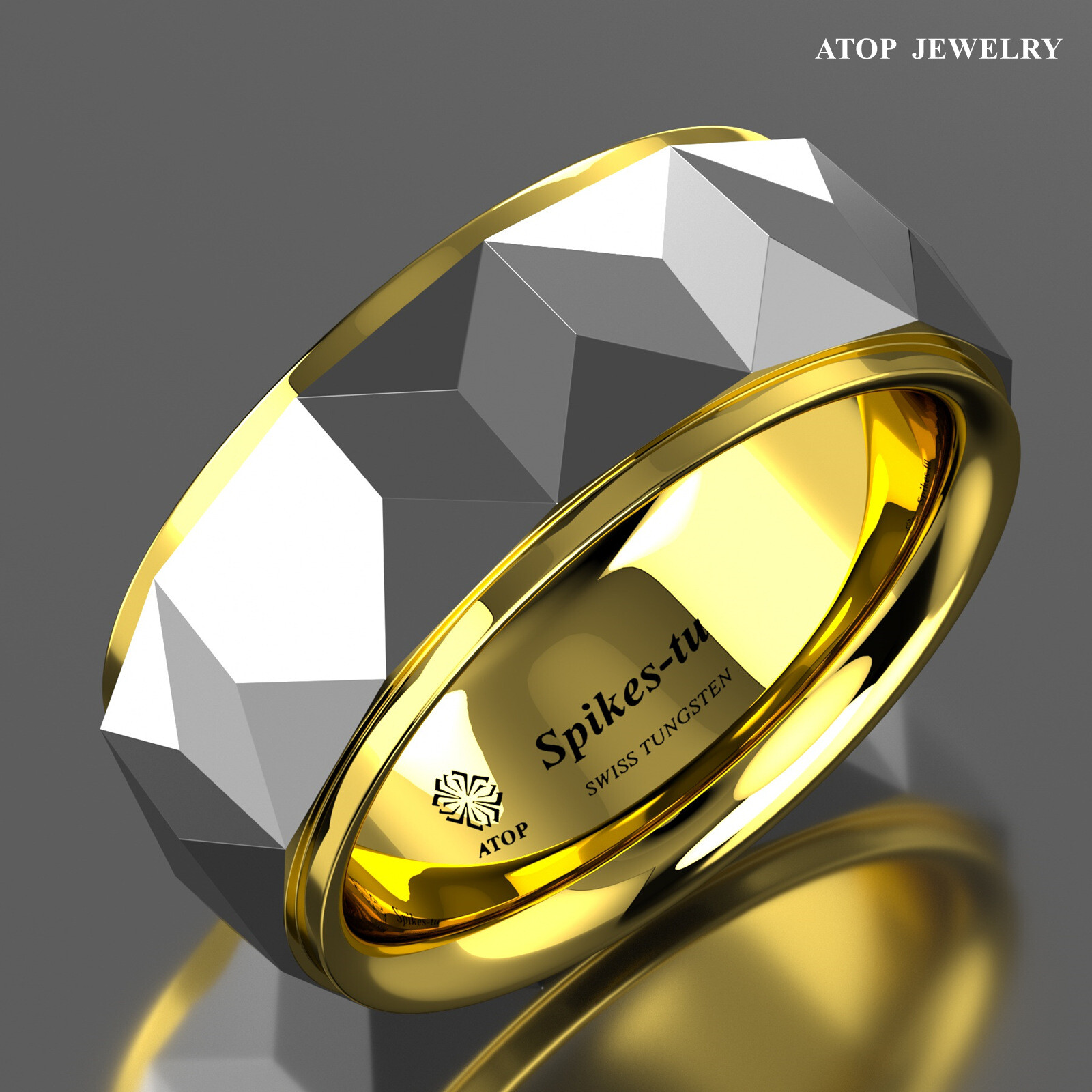 8mm Silver Rhombus Plated Metal Tungsten Ring Gold Wedding Band Men Jewelry