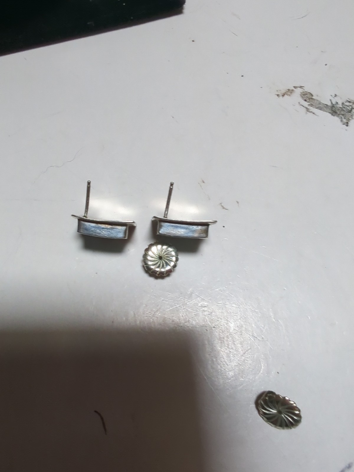 Native American Square Opal Inlay Stud Earrings Signed With C And Other Emblem