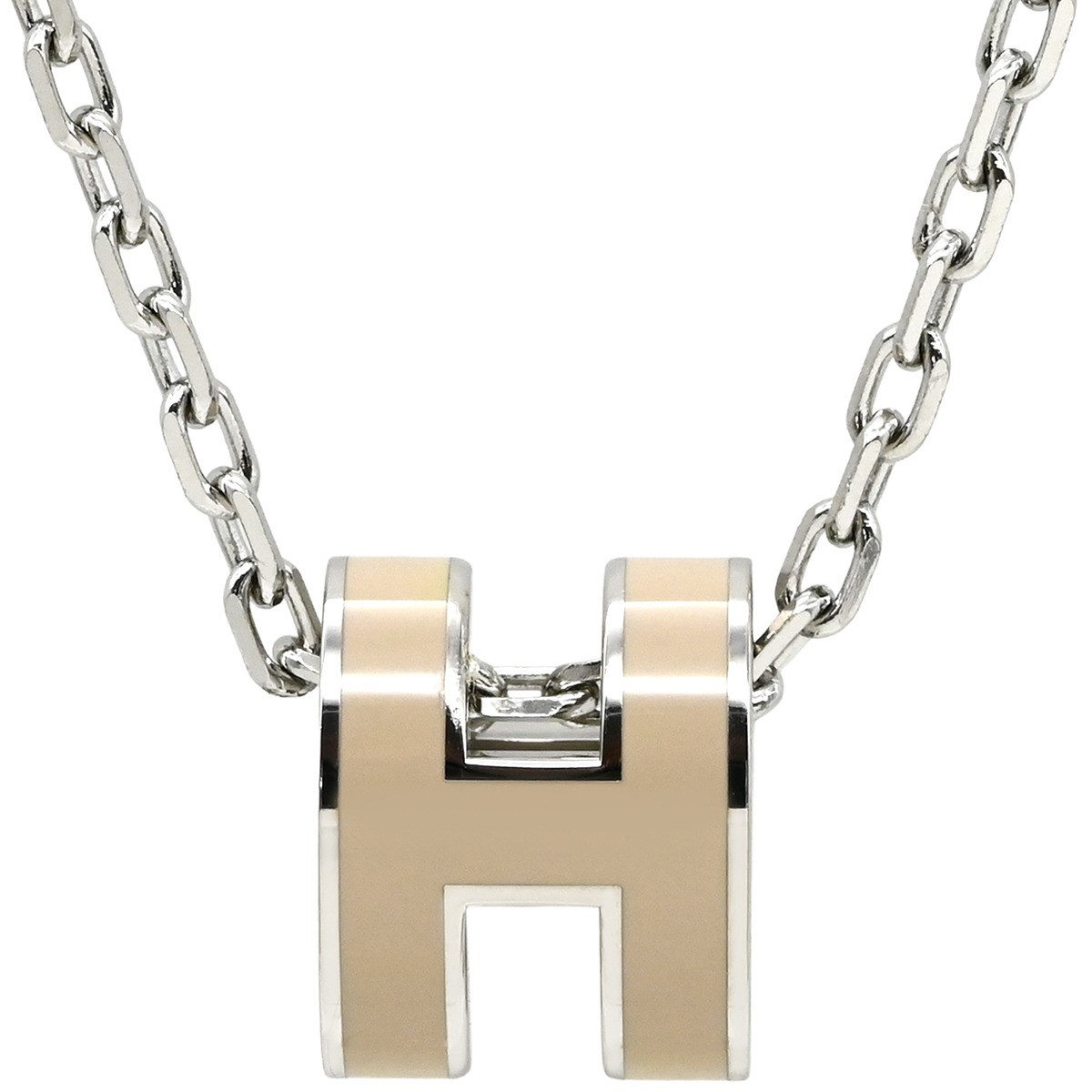Hermès Pop H Pendant Mini Necklace Metal Beige Brown Lacquer Silver 39cm #M-196