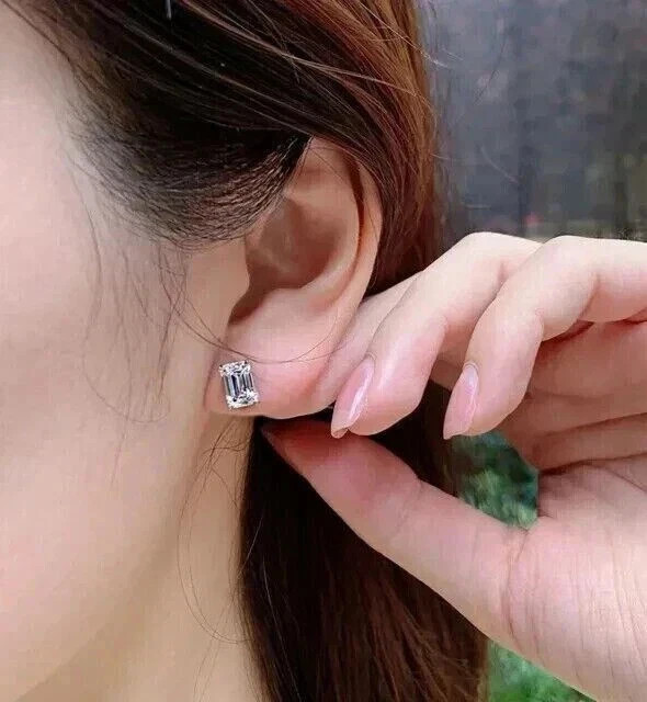 4Ct Emerald Cut Lab Created Diamond Women’s Stud Earrings 14 K White Gold Plated