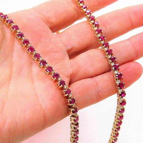 66.10 CT Oval Cut Red Ruby 14k Yellow Gold Over Tennis Necklace 16″ 935 Silver