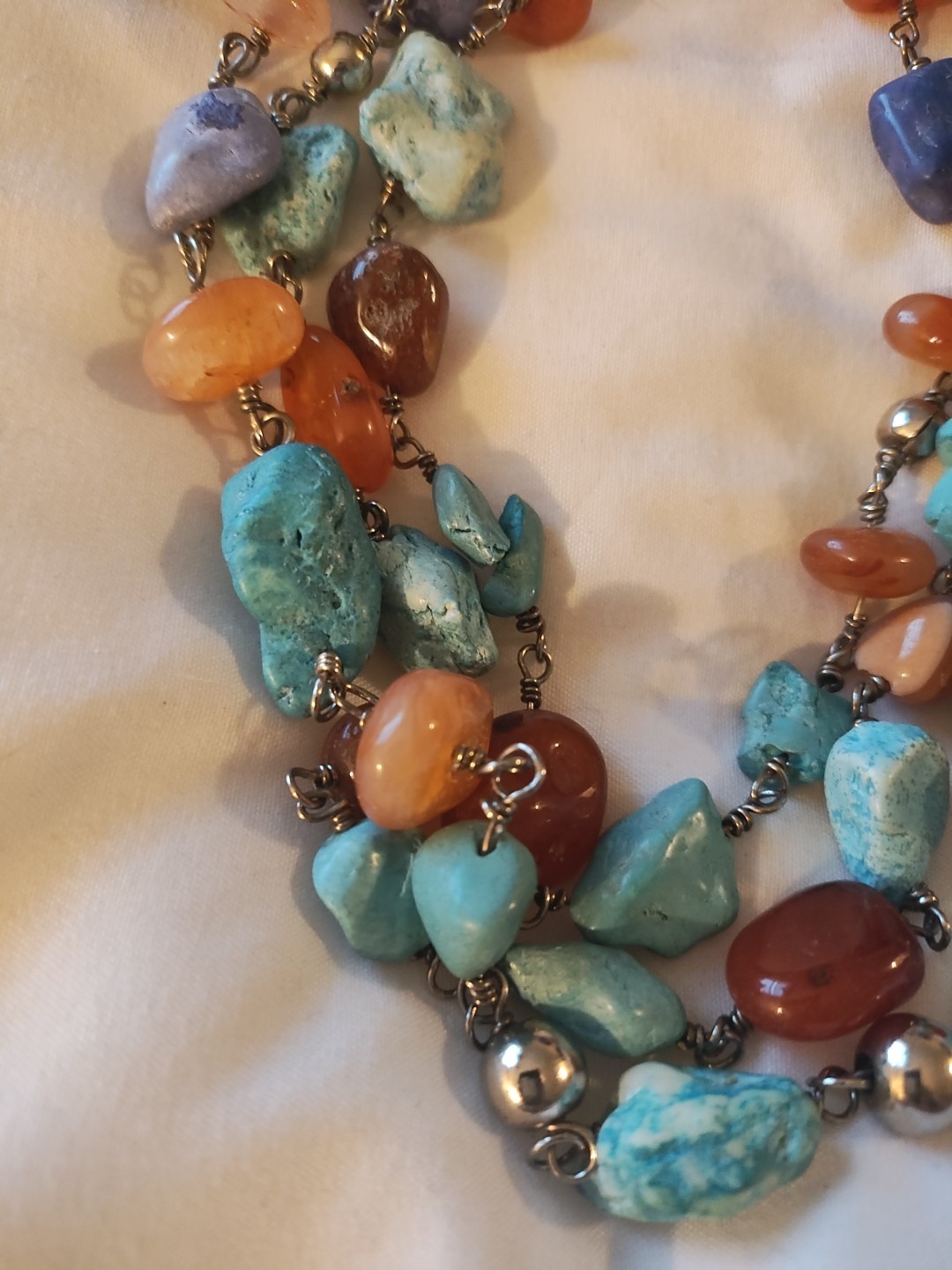 Artisan Amber & Turquoise 19″ 3 Strand Rock Necklace/ Earrings Southwest. Read