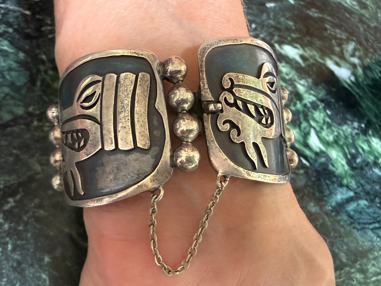 Vintage Taxco Quetzalcoatl dragon panel bracelet – hallmarked