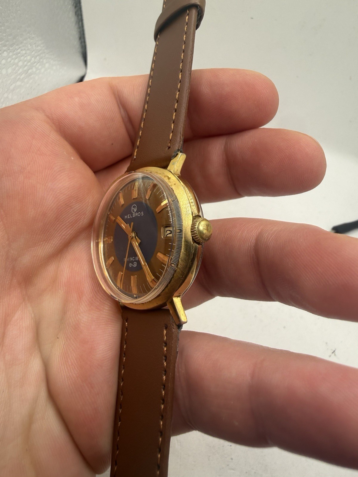 VINTAGE HELBROS Men’s Manual Wind Watch Date Sunburst Brown/Blue Dial 1960s 17J