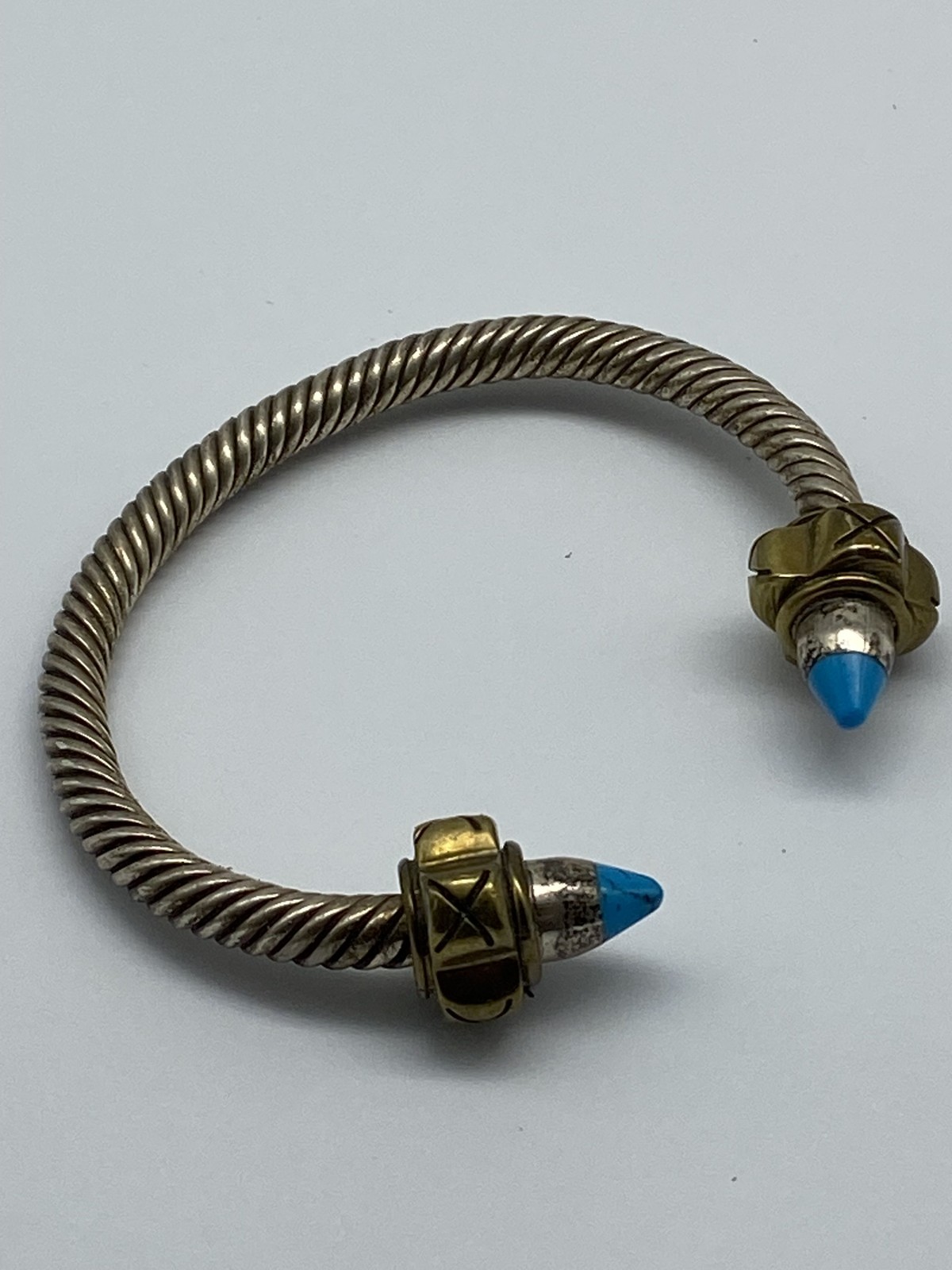 Sterling Silver Two Tone Twisted Cable Turquoise Cuff 6 1/2 Bracelet 54.0g