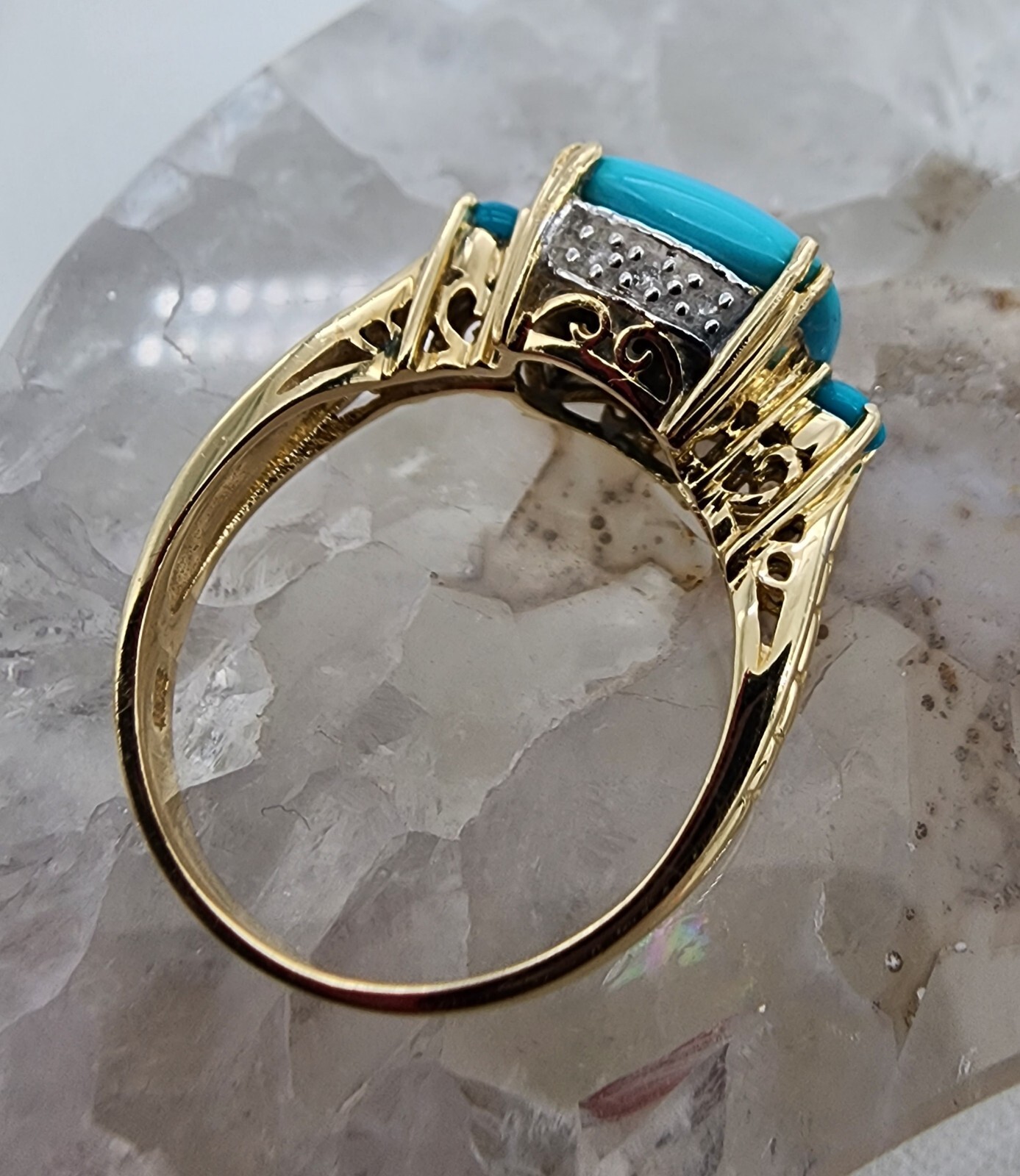 14k .585 Yellow Gold Effy Cushion Turquoise .06 ctw Diamond Sz 7 Ring Au 23231