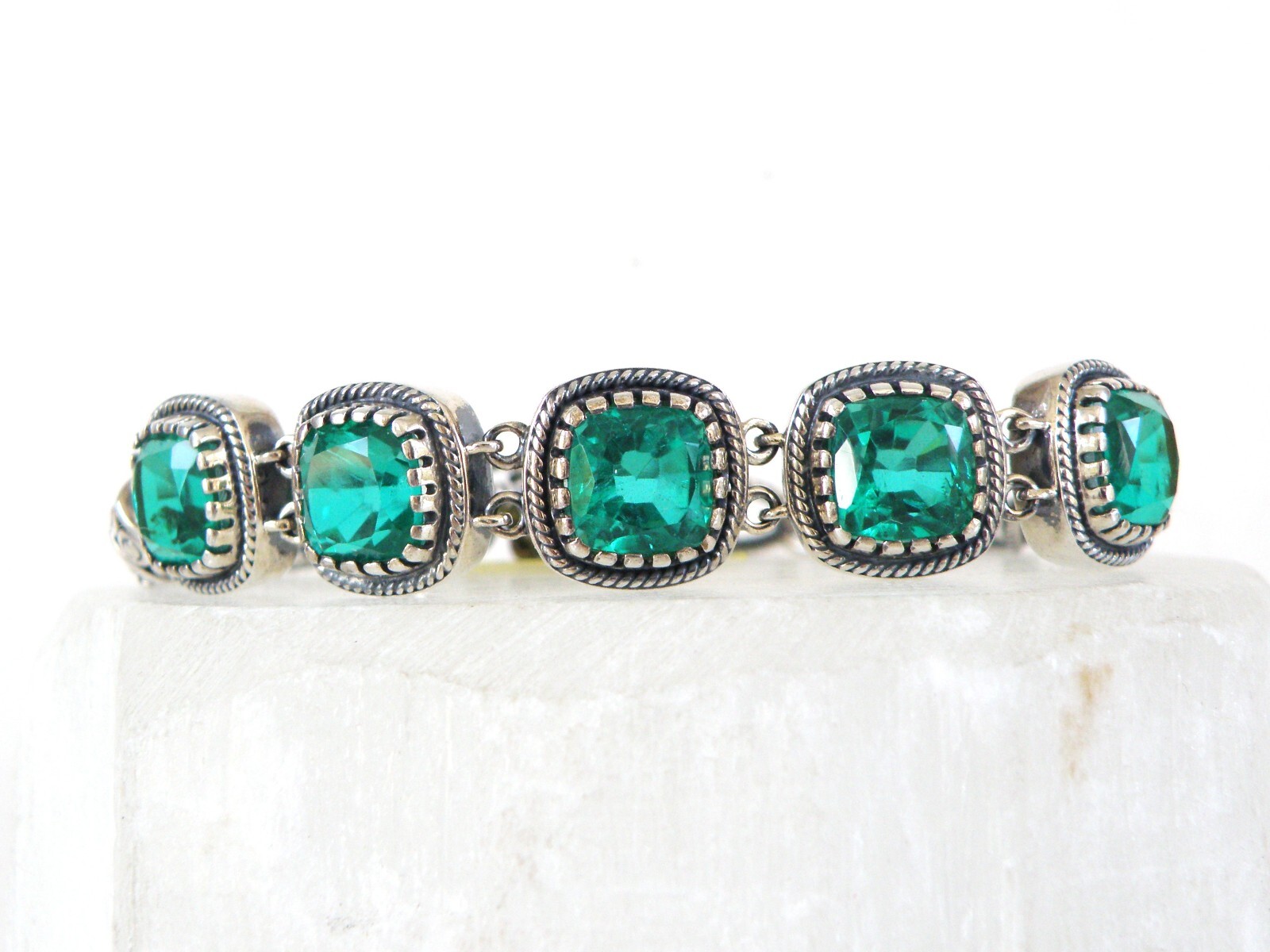 Sterling Silver 925 Green Fluorite Gemstone Tennis Station Bracelet