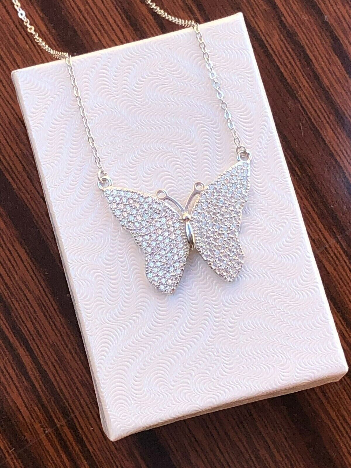 925 Sterling Silver CZ Butterfly Pendant Necklace Pave 25mm(0.98′) 16.75″