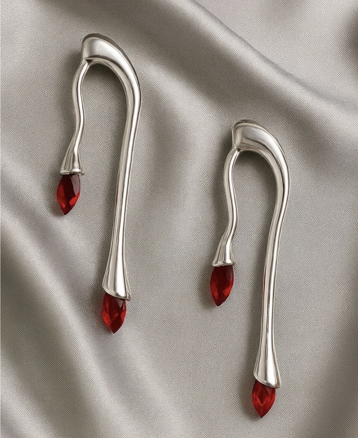Modern Sculptural Earrings Silver COS Red Crystal Matchstick Steampunk Stud VTG