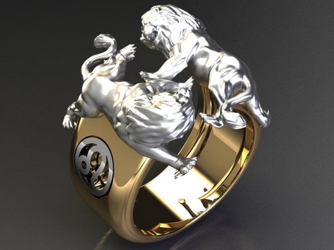 Moderately Included n/a Gold Over Lion Ring 925 Solid Yellow Gold