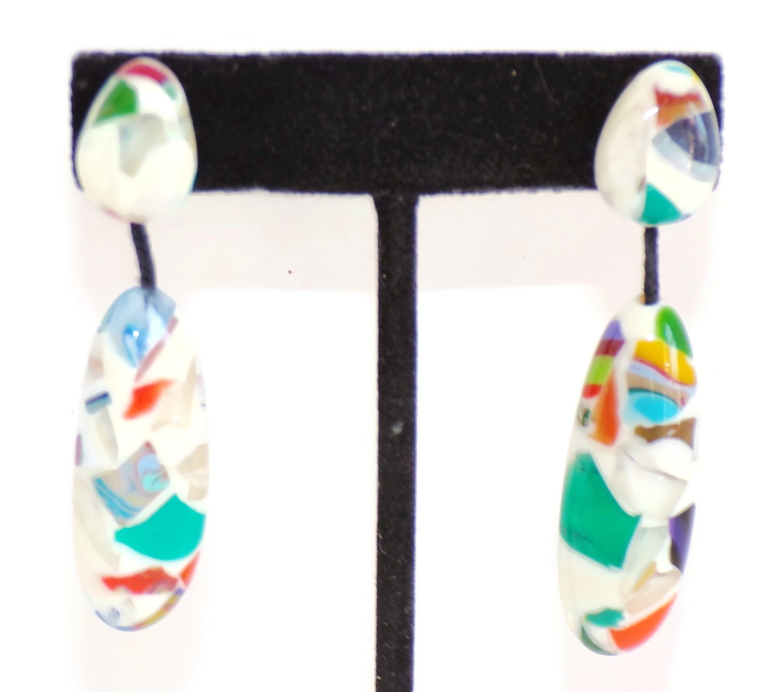 Sobral Caillou Multicolor Mosaic White Bead Artist Made Dangle Post Earrings