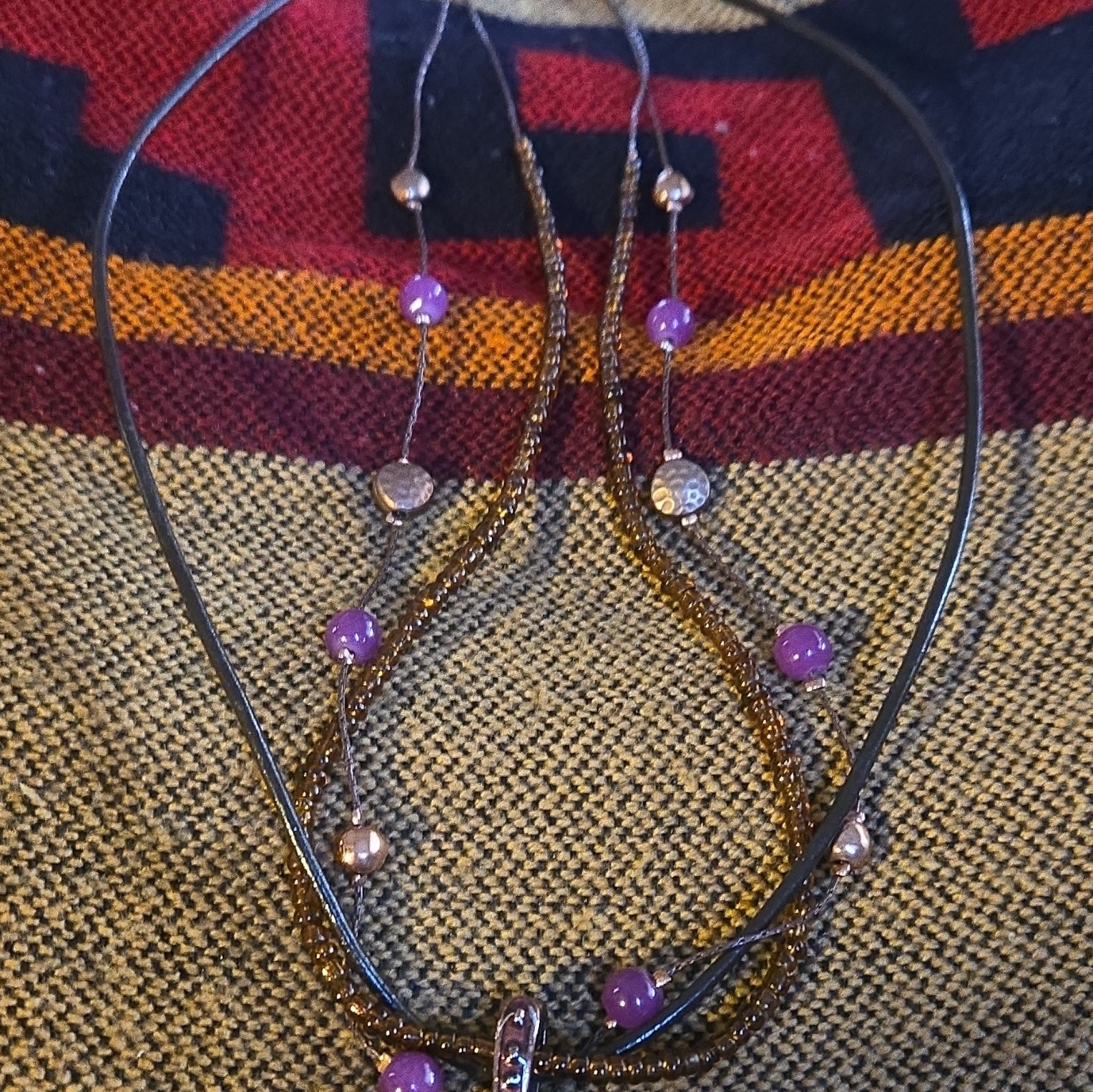 Layered Purple Glass Beaded Cord Necklace Silver Tone Teardrop Charm Lobster