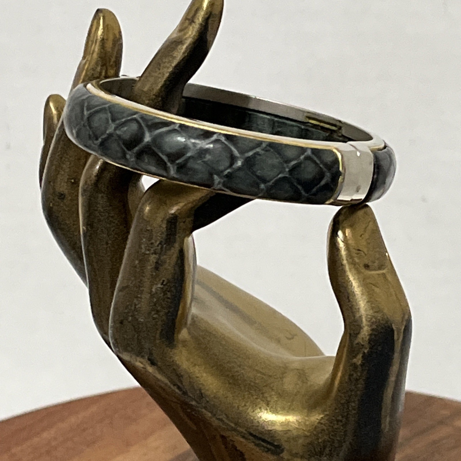 Italian Gold Silver and Black Embossed Snakeskin Leather Cuff Bangle Bracelet