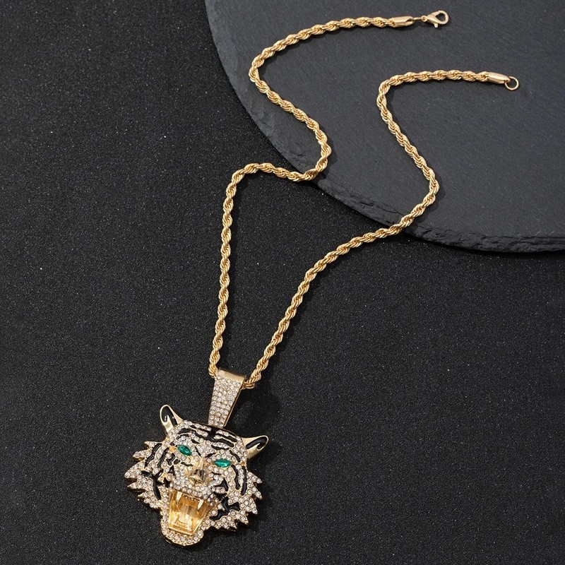 Iced Out Tiger Head Pendant Chain Silver Cuban Link Hip Hop Necklace BlingJewelr