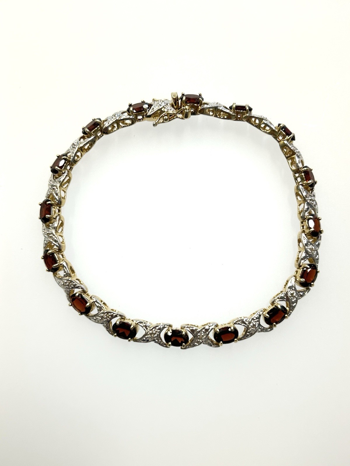 Vintage Sterling Silver Gold Toned X’s & O’s Bracelet With Red & Clear Stones