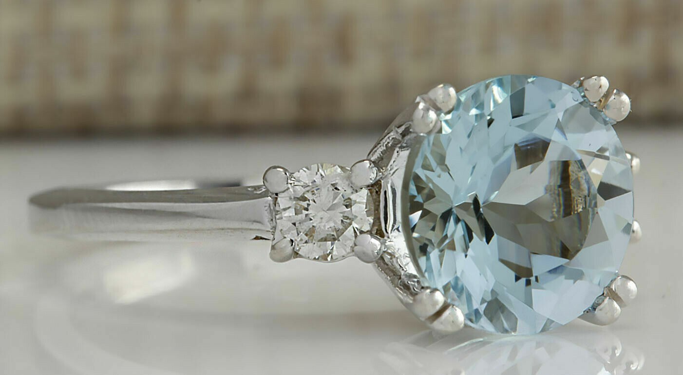 Ring Natural Aquamarine and Diamonds Gemstone 2.60 Carat 14K White Gold