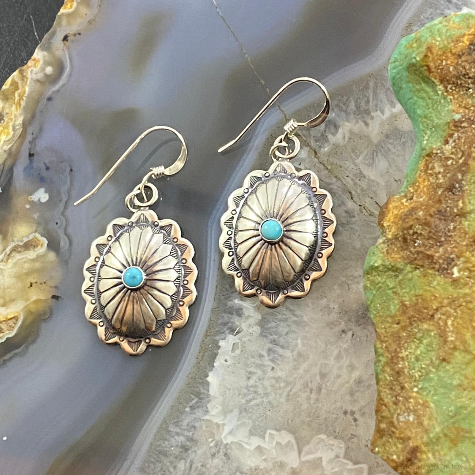 Native American Sterling Turquoise Dot Stamped Concho Dangle Earrings For Women