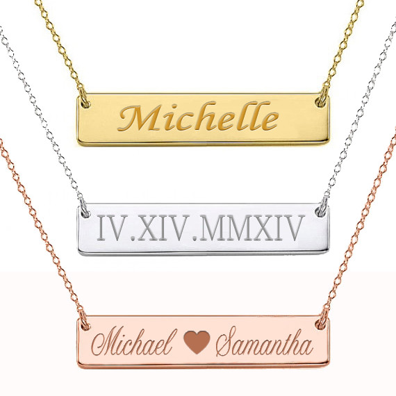 925 Sterling Silver Personalized Monogram Name Bar Necklace Custom Engraved