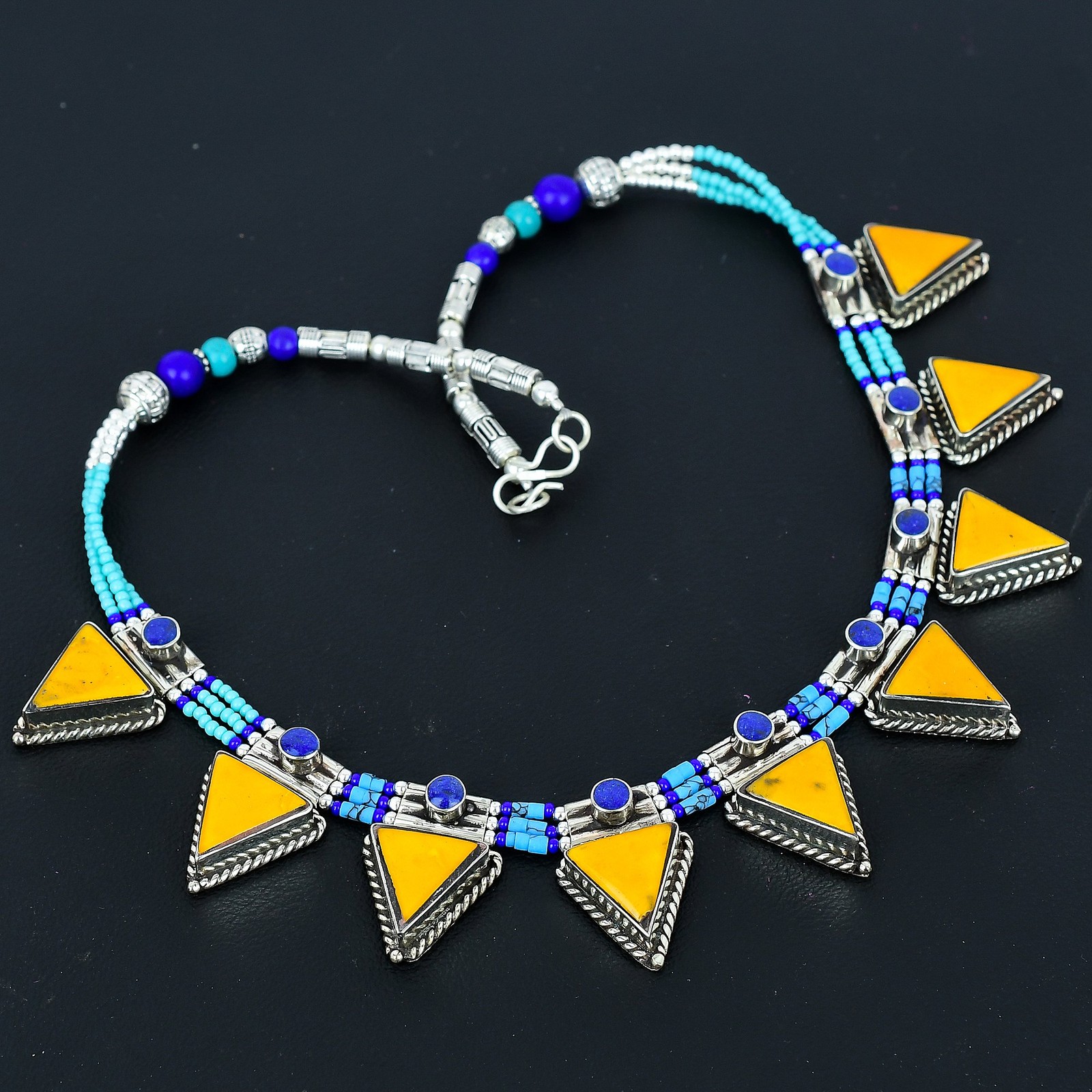Yellow Coral Turquoise Lapis Lazuli 925 Sterling Silver Gift Necklace 18″ PG 519