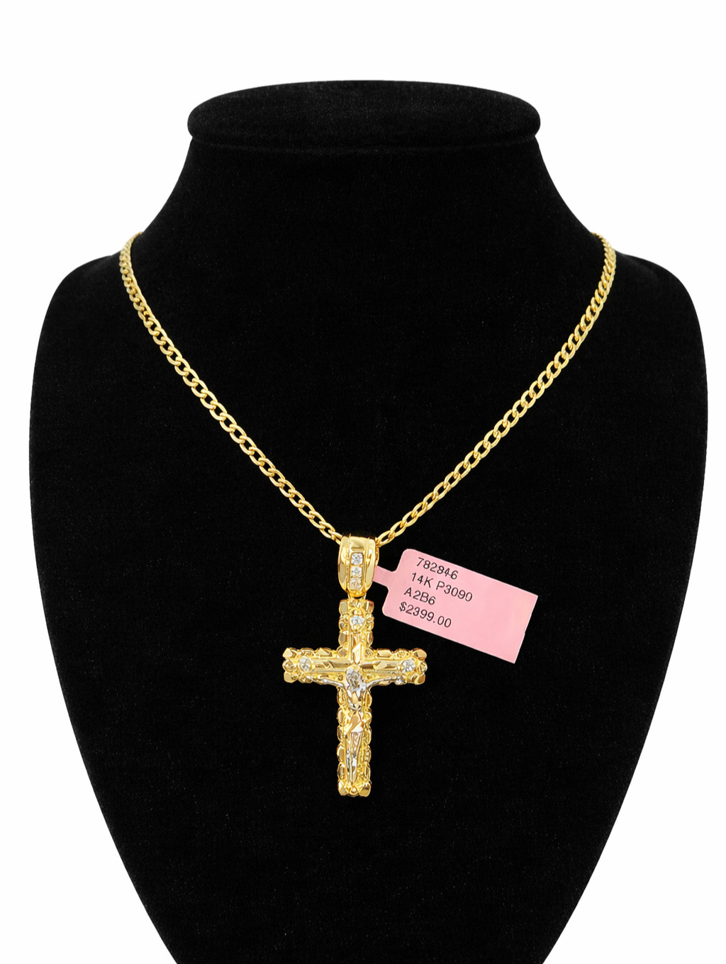 REAL 14k Cuban Curb Link Necklace Chain Nugget Cross 2.5mm 16 inches Ladies