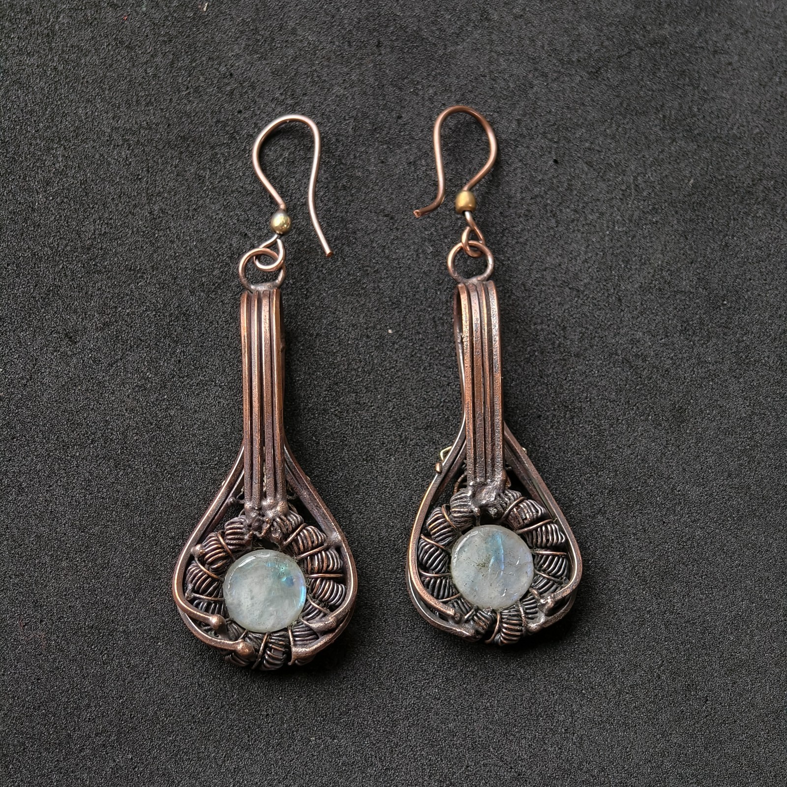 Copper Wire Wrapped Moonstone Dangle Earrings, Handmade Copper Gemstone Earrings