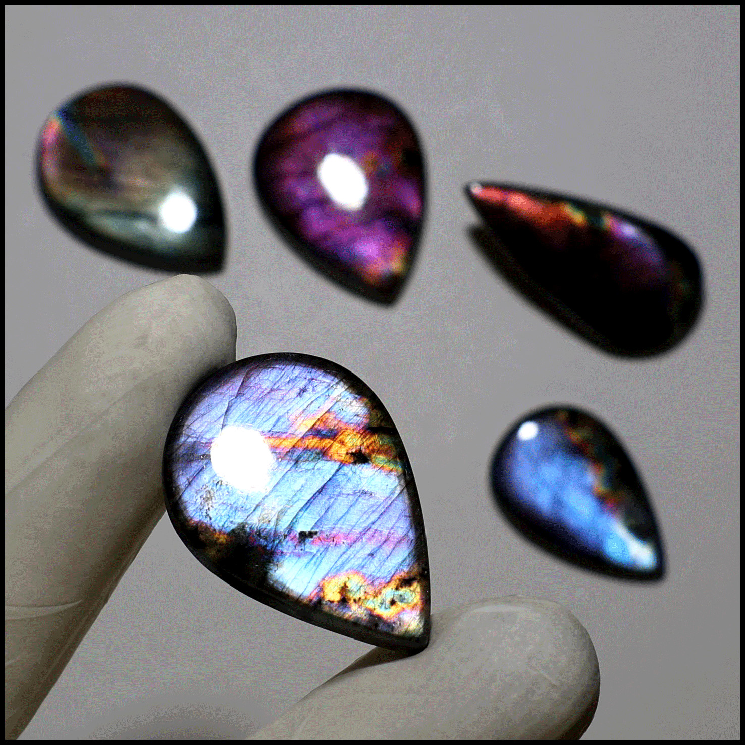 Finland 5 PC Natural Spectrolite Hi-Grade 29mm-38mm Teardrop Cabochon Gemstones