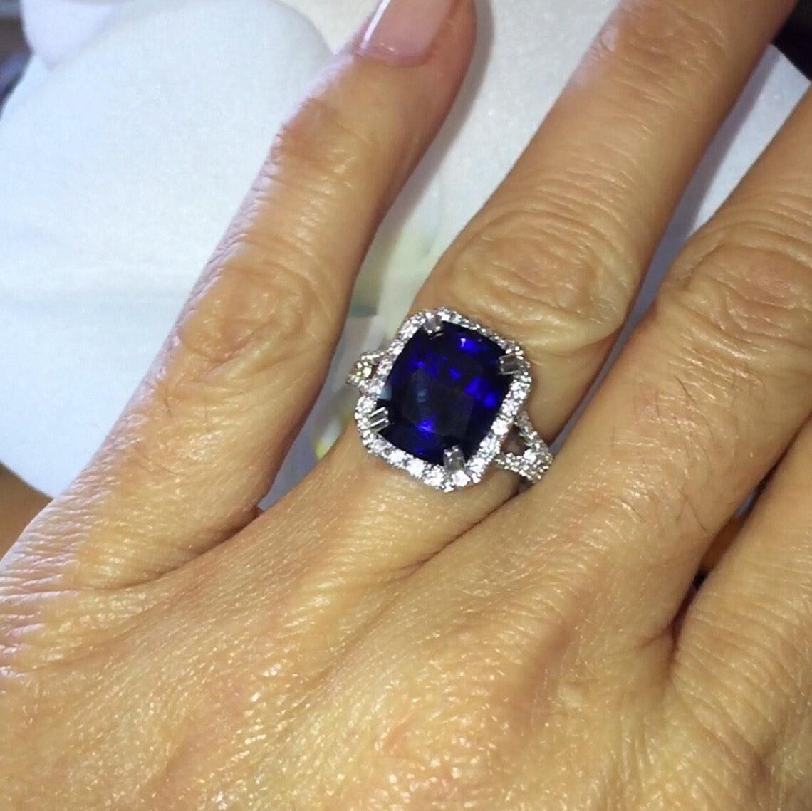 4.50 Ct Emerald Natural Sapphire & Diamond Engagement Ring 14K White Gold Size 6