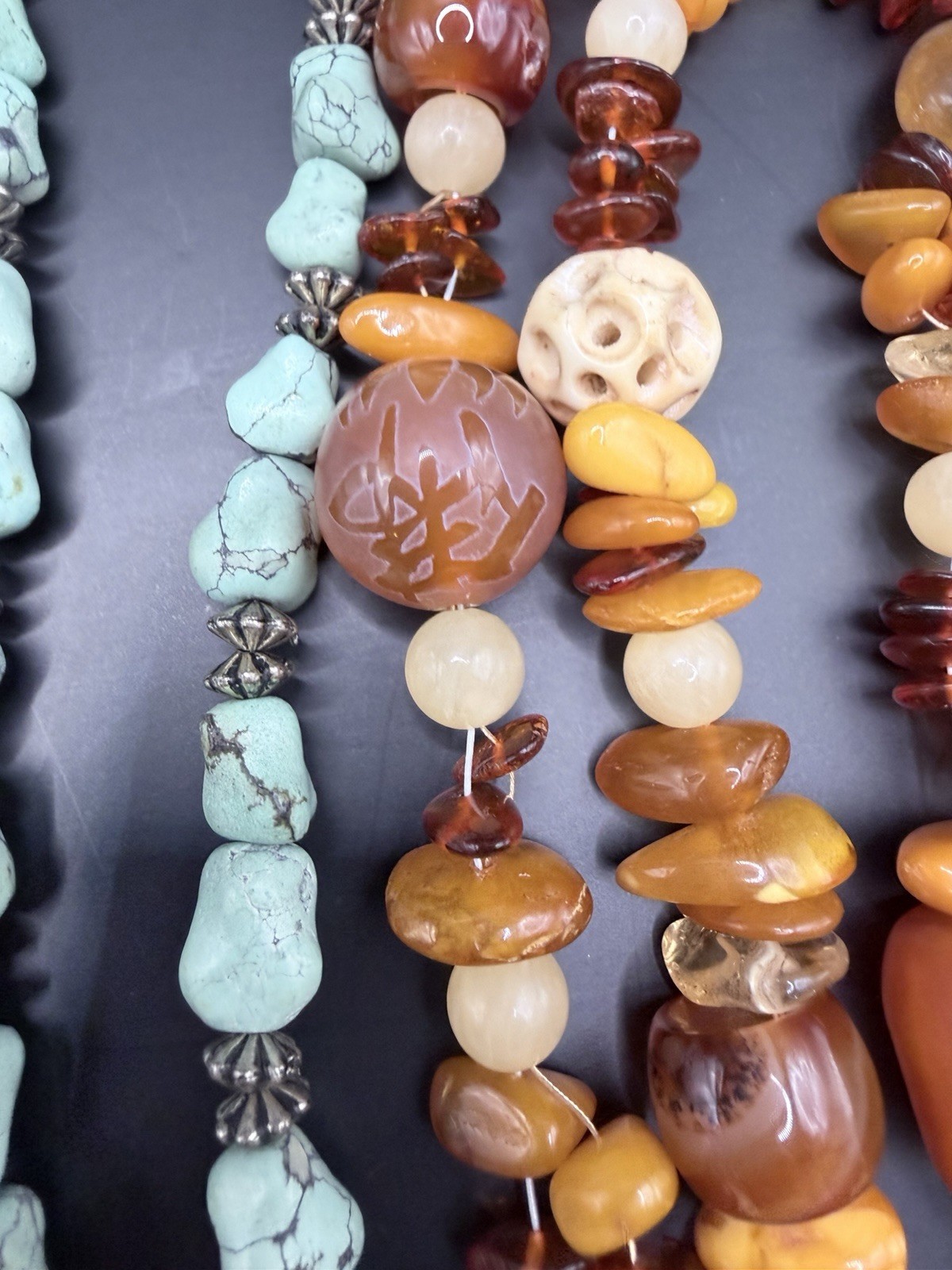 Vintage Lot 7 Stone Gemstone Necklaces Amber Amethyst Turquoise Sodalite Shell