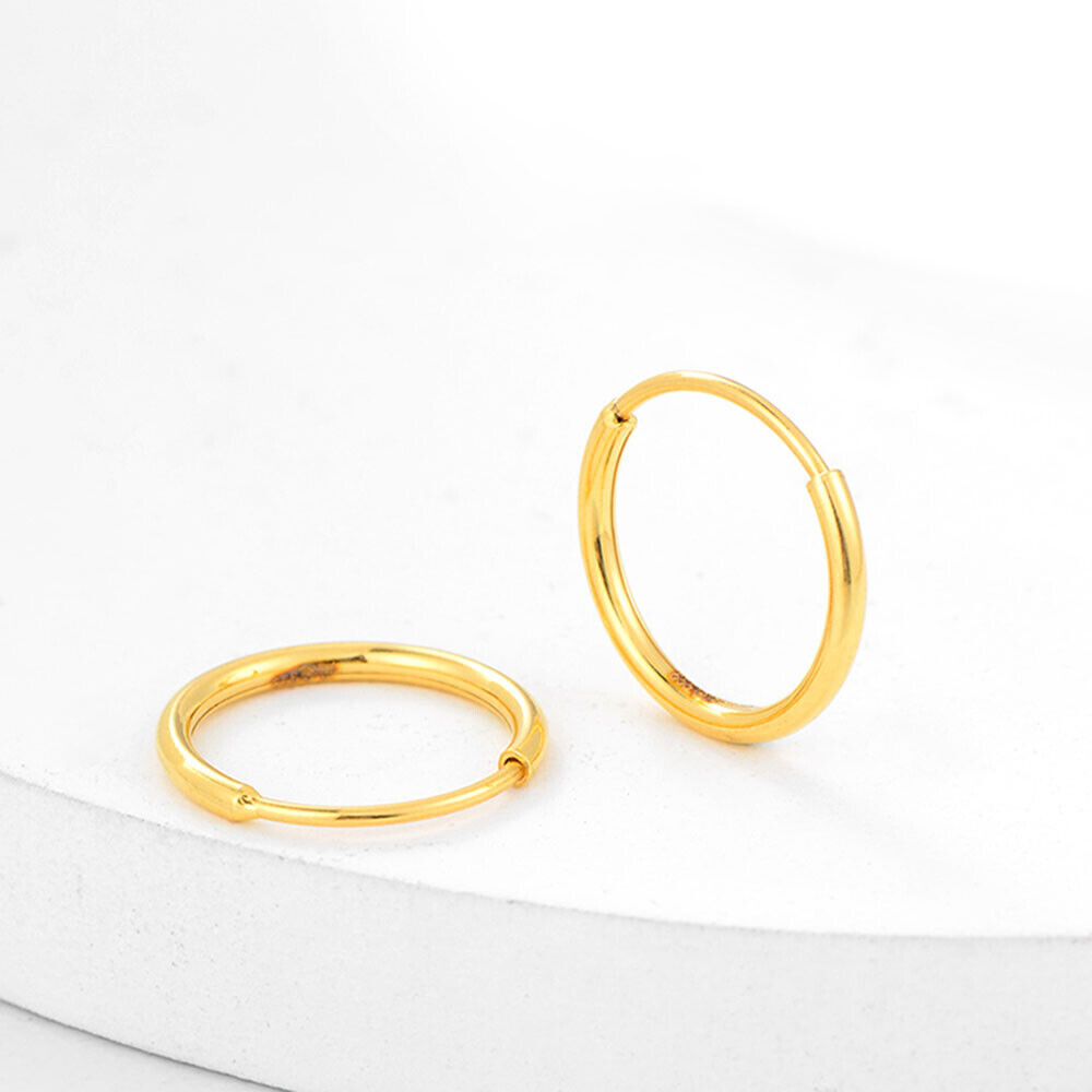 Pure 999 24K Yellow Gold Earrings Women . Smooth Circle Hoop Earrings