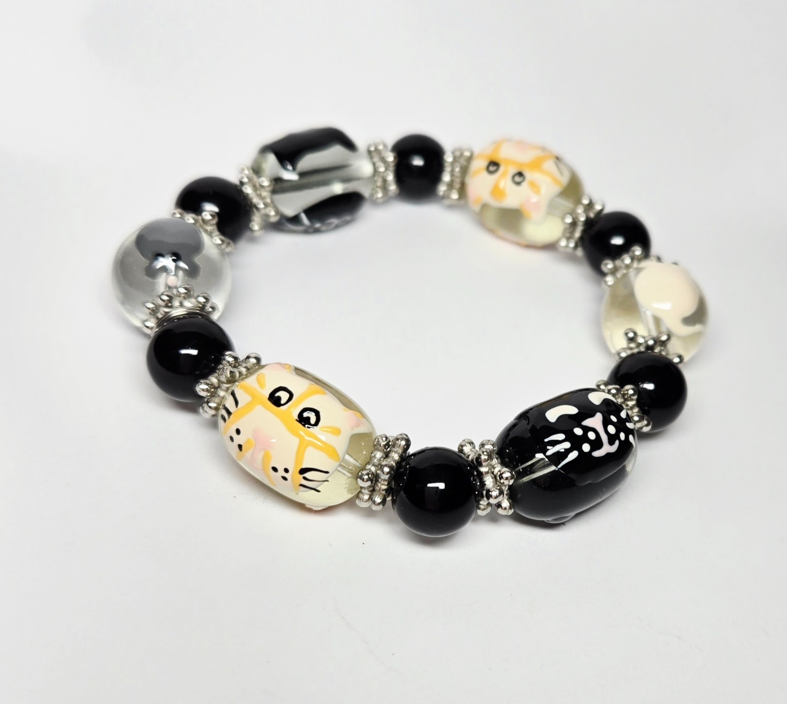 Hand Painted Cat Glass Bead Stretch Bracelet Black White Kitty Charm Gift