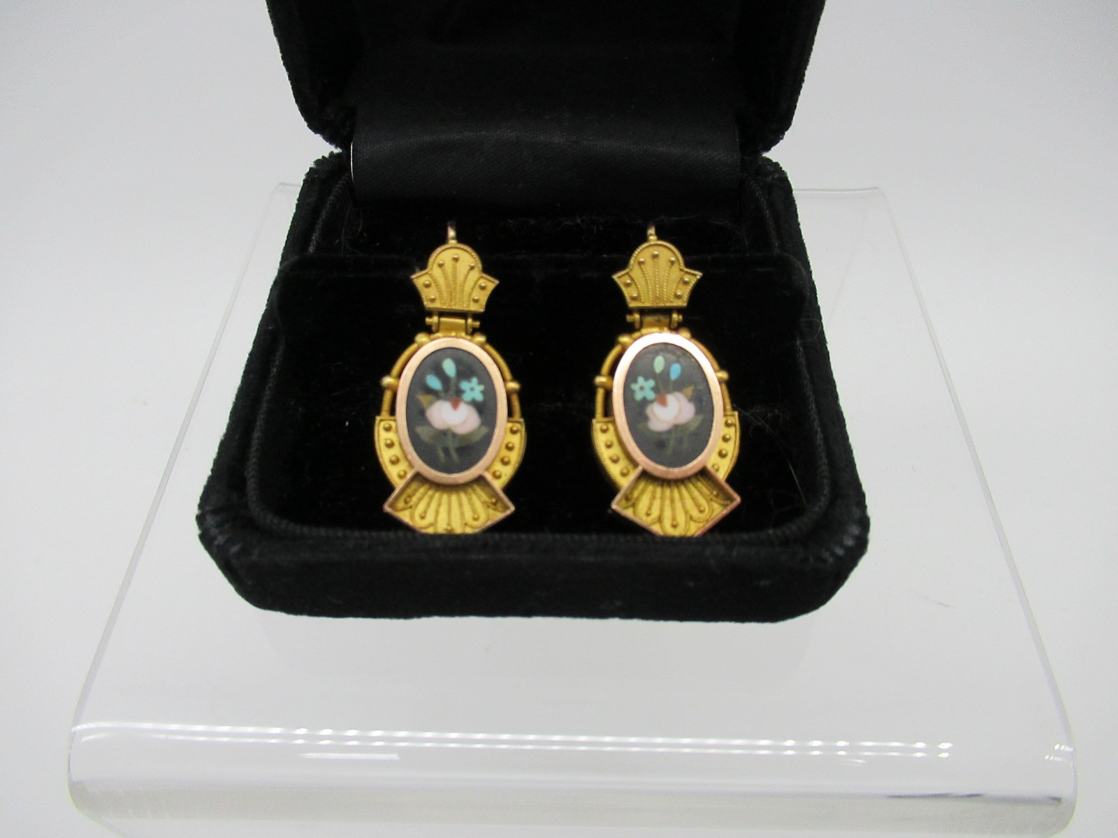 Antique Italian Gold Pietra Dura Floral Mosaic Victorian Pierced Earrings